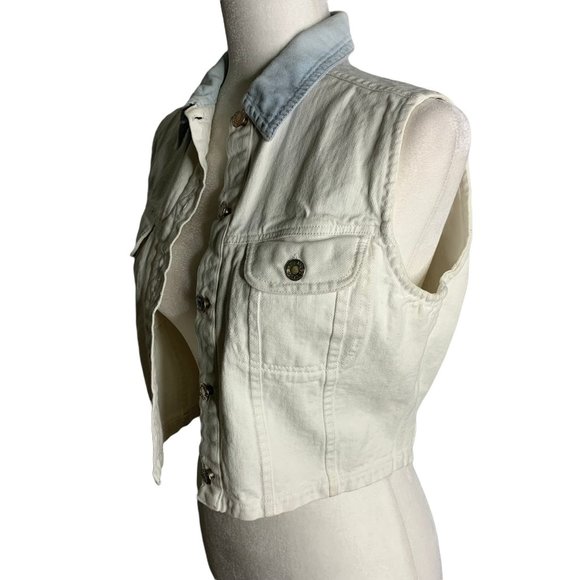 Vintage 90s Tangibles Denim Vest M White Button Up Pockets Cropped Cotton - Picture 3 of 6